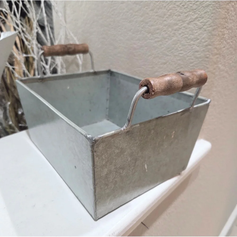 Rae Dunn Galvanized Metal Storage Bin Basket KEEP with Wood Handles Farmhouse
